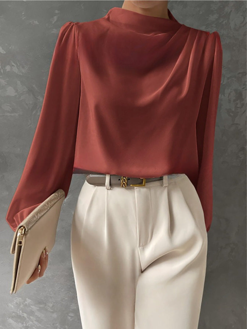 Solid Color Pleated Women Shirt Elegant Pullover Satin Top Office Long Sleeve Top