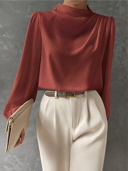 Solid Color Pleated Women Shirt Elegant Pullover Satin Top Office Long Sleeve Top