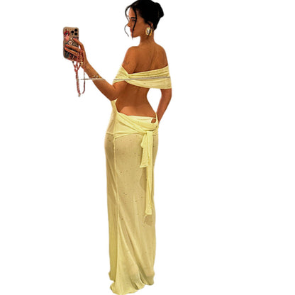 Spring Women Solid Color Sexy Sheer Mesh Design Backless Sheath Dress
