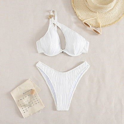 Sexy Bikini Split Swimsuit Women White Hollow Out Cutout out with Support Push up One Shoulder Swimsuit