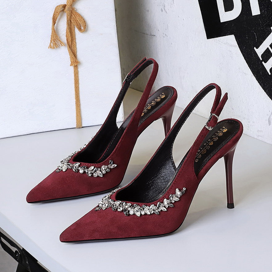 Cocktail High Heels Stiletto Heel Pointed Toe Rhinestone Shallow Mouth Suede Back Empty Back Strap Super High Heel Shoes