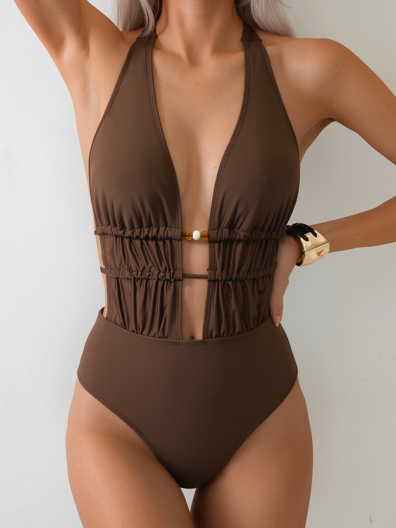 Bikini Solid Color Lace up One Piece Sexy Backless Siamese Bikini Swimsuit