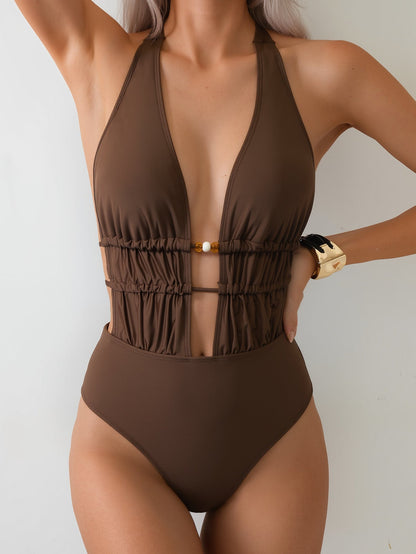 Bikini Solid Color Lace up One Piece Sexy Backless Siamese Bikini Swimsuit