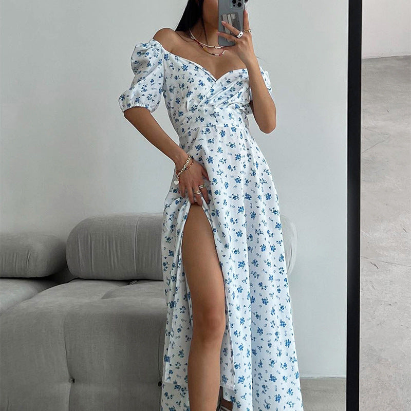 Summer Women Clothing Fresh Sweet Square Collar Long Floral Dress
