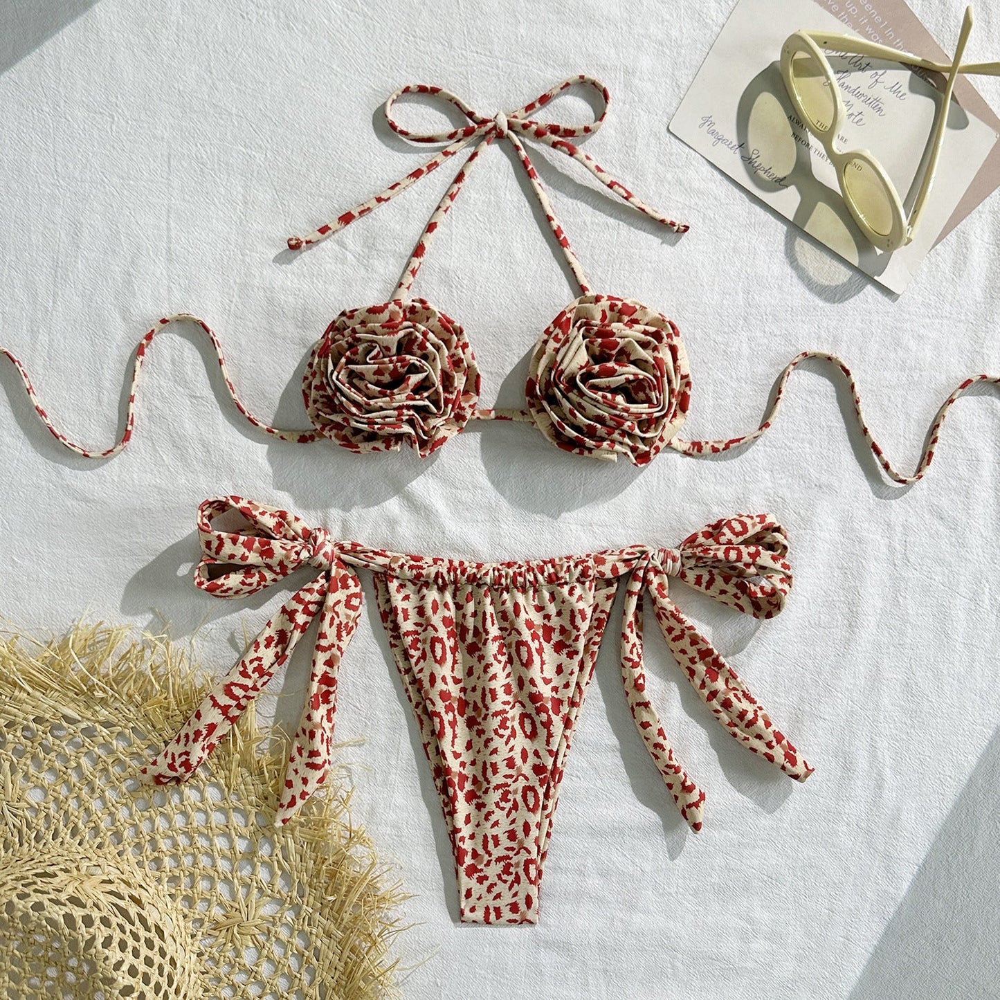 Leopard Print Floral Sexy Drawstring Strap Split Swimsuit Swimwear Bikini