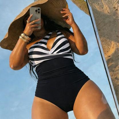 Bikini Striped Printed One Shoulder Hollow Out Cutout Sexy One Piece Bikini Swimsuit for Women