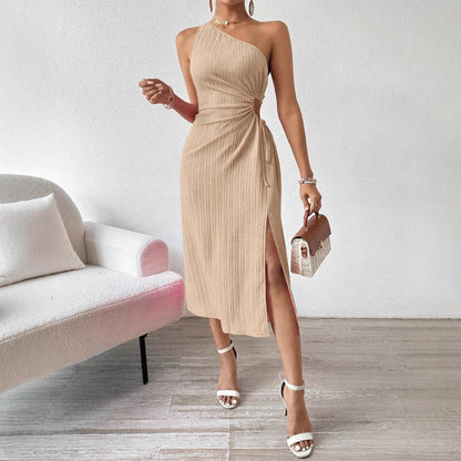 Spring Summer Elegant Sexy Sleeveless Shoulder Diagonal Collar Solid Color Slit Dress Women