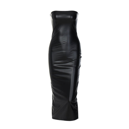 Women Clothing Autumn Sleeveless Tube Top Sexy Slimming Slit Mid Length Sheath Dress Women