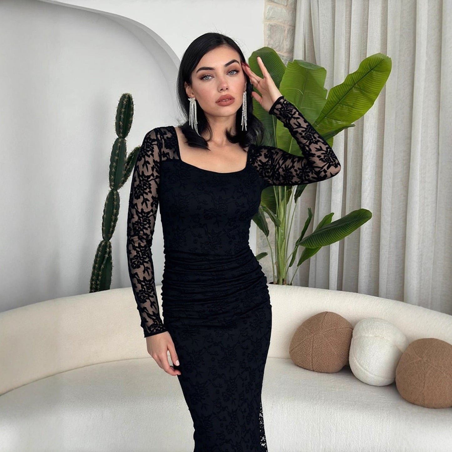 Autumn Winter Women Clothing Fashionable Elegant Lace Stitching Square Collar Slimming Pleated Maxi Dress