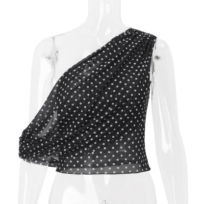 Women Clothing Summer Sexy Diagonal Collar Polka Dot Chiffon See through Irregular Asymmetric Top Women