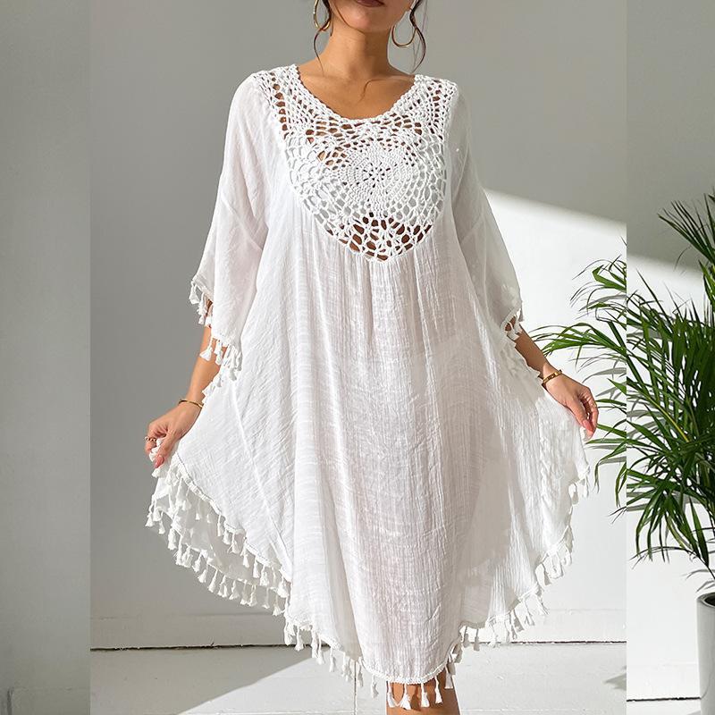 Slubbed Fabric Stitching Hand Crocheting Beach Cover-up Sexy Loose Vacation Sun Protection Shirt Beach Cover Up
