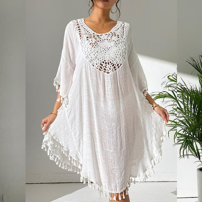 Slubbed Fabric Stitching Hand Crocheting Beach Cover-up Sexy Loose Vacation Sun Protection Shirt Beach Cover Up