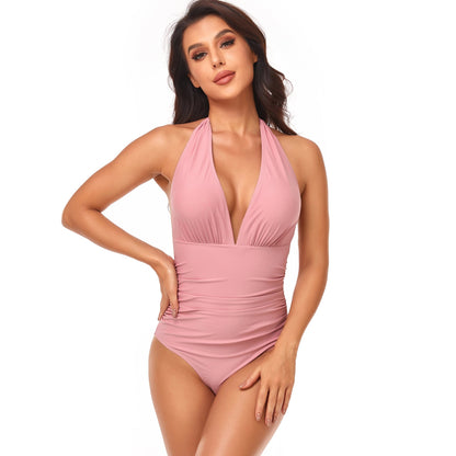 Solid Color One Piece Swimsuit Pleating Halter Swimsuit Popular One Piece Swimsuit