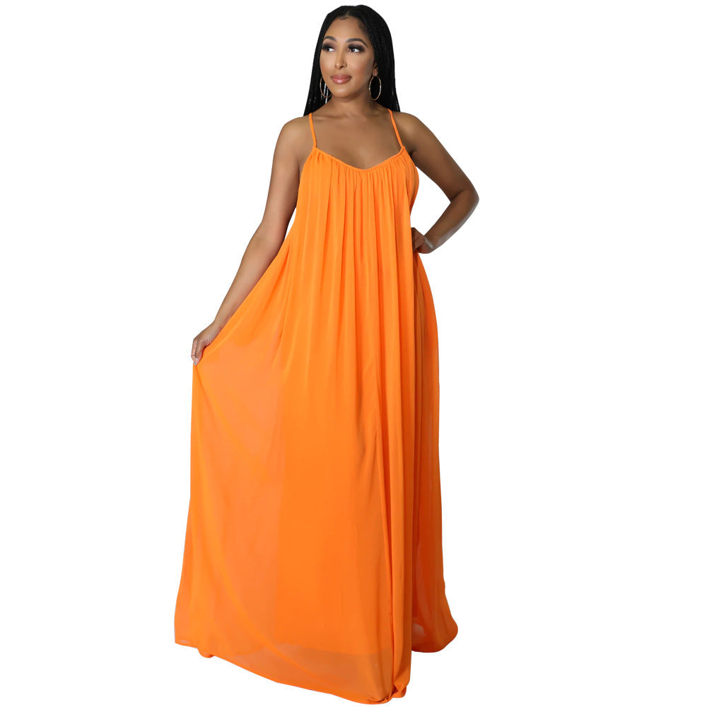 Women Chiffon Solid Color Casual Backless Cami Dress