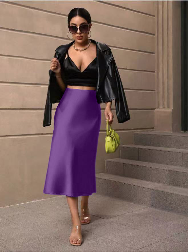 Hip Wrapped Fishtail Skirt Satin Mid Length Skirt Autumn Women Clothing Direct