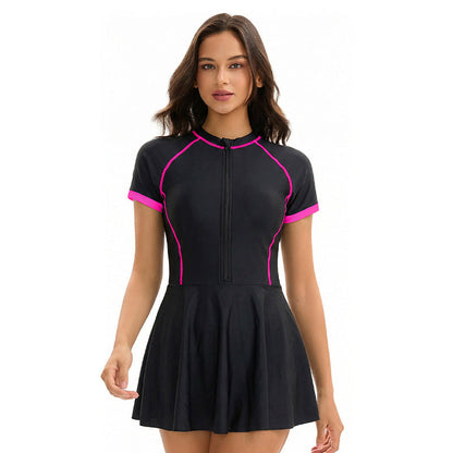 Dress Siamese Triangle Swimsuit Women Short Sleeve Conservative Sun Protection Sports Swimsuit