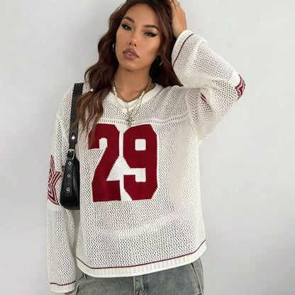 Knitted Hollow Out Cutout out See through Pullover Jersey Long Sleeve Beach Cover-up Sun Protection T shirt