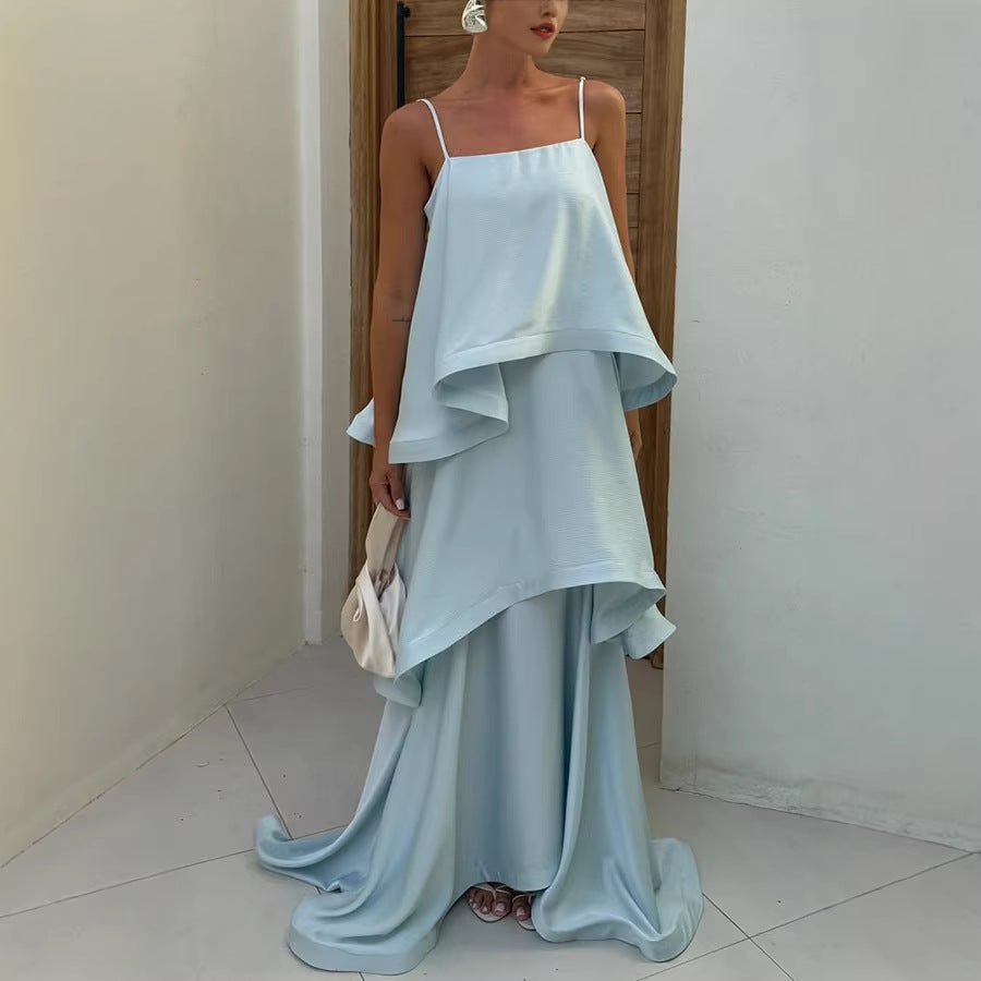 Spring Summer Satin Sling Multi Layer Dress Casual Loose Vacation Dress