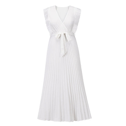 Elegant Beach Dress Fashionable Slim Fit Sexy Ruffle Sleeve Chiffon Pleated Solid Color Dress
