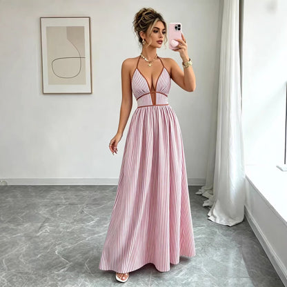 Casual Sleeveless Halter Fitted Waist Striped Color Matching Long Maxi Dress