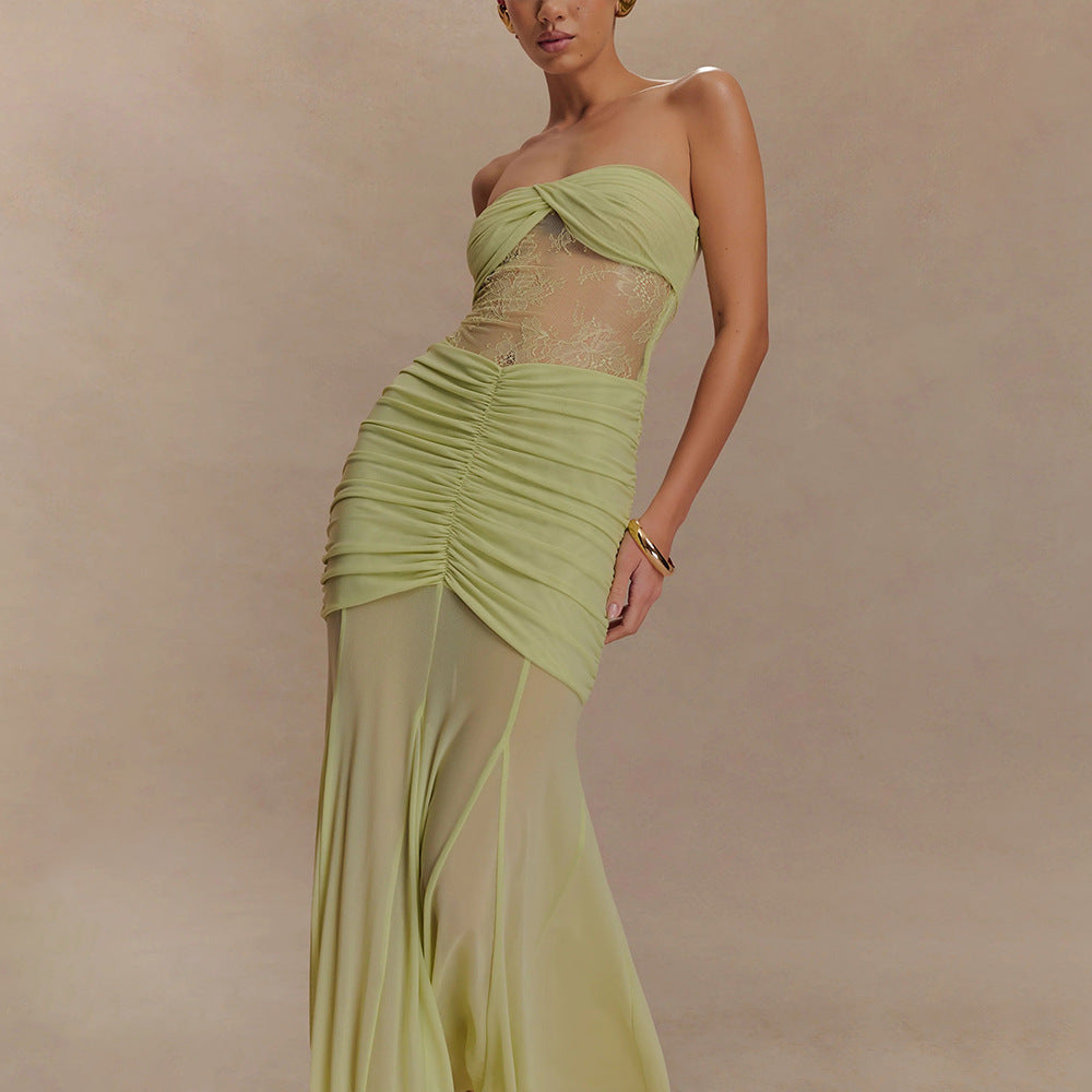 Summer Sleeveless Tube Top Dress Sexy Pleated Hollow Out Cutout Slim Dress for Women