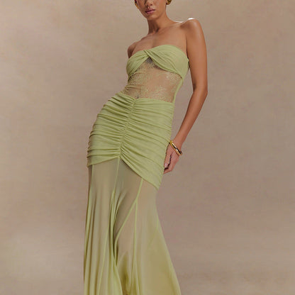 Summer Sleeveless Tube Top Dress Sexy Pleated Hollow Out Cutout Slim Dress for Women