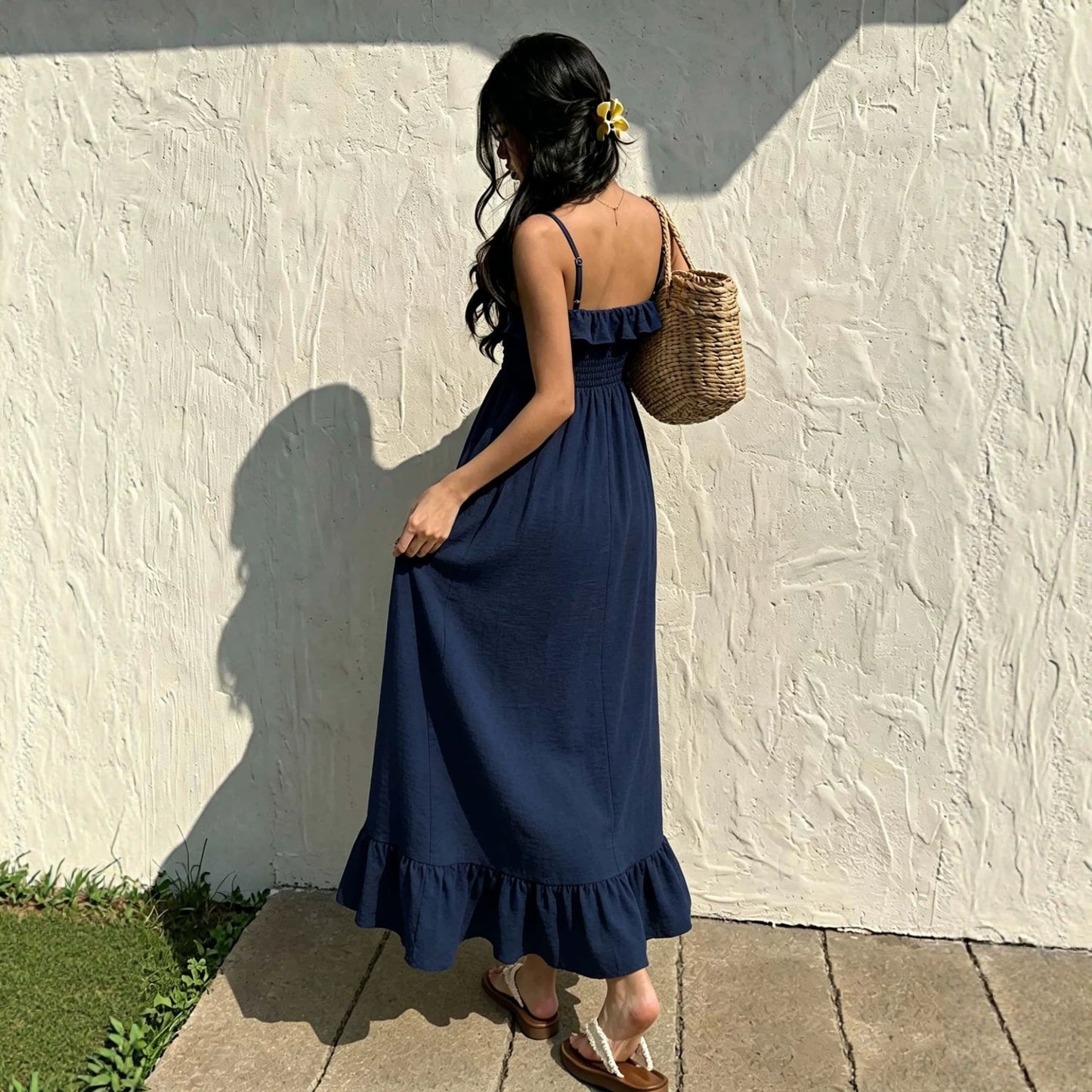 Ruffled Spaghetti Straps Dress Women Summer Tight Waist Slim Backless Long Vacation