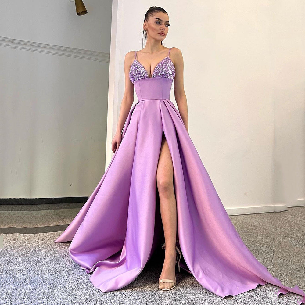 Spring Summer Women Clothing Dress Deep V Plunge Sequin Sling Sexy Slit Dress