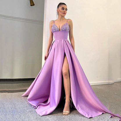 Spring Summer Women Clothing Dress Deep V Plunge Sequin Sling Sexy Slit Dress