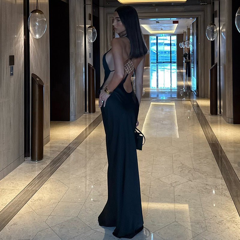 Spring Women Solid Color Irregular Asymmetric Sexy Slim Fit Backless round Neck Sheath Dress for Women
