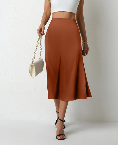 Women Clothing Popular Satin Skirt Women Summer Mid Length Split Professional A line Skirt High Waist Skirt