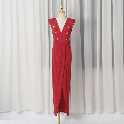 Spring V neck Sleeveless Design Split Dress Tight Waist Slimming Metal Decorative Dress Women
