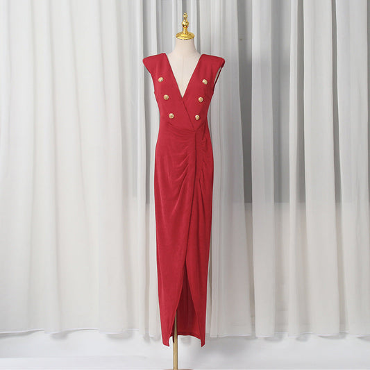 Spring V neck Sleeveless Design Split Dress Tight Waist Slimming Metal Decorative Dress Women