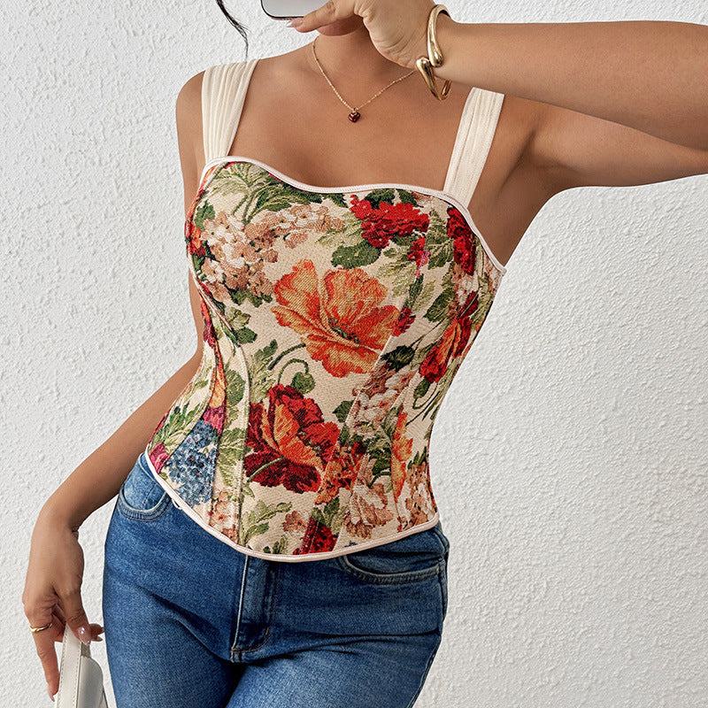 Retro Printed French Boning Corset Slimming Corset Outer Wear Inner Wear Vest Top Sling