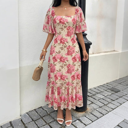 Square Collar Hip Dress Summer Ruffle Sleeve Evening Dress Lace up Backless Slim Mesh Dress