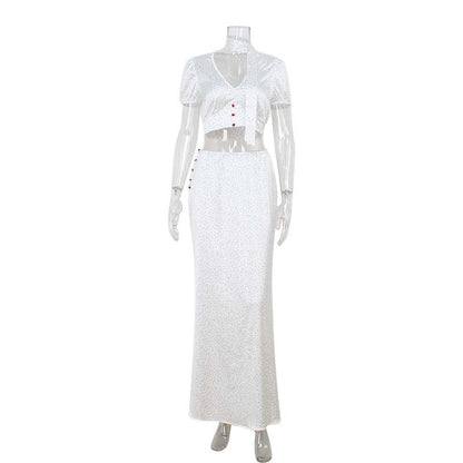 Elegant High Grade Polka Dot Satin Fishtail Skirt Skirt V neck Short Top Sexy Two Piece Sets
