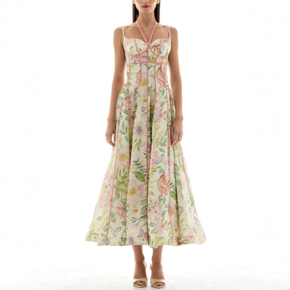 Spring Summer Suspender Printed Large Swing Dress Holiday Casual Women Dress