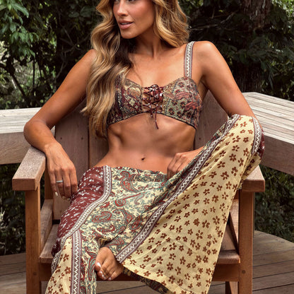 Retro Printed Tube Top Lace up Cutout High Slit Bikini Sexy Split Swimsuit Women
