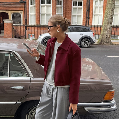Autumn Elegant Wine Red Collared Cropped Jacket All Matching Loose Zipper Coat