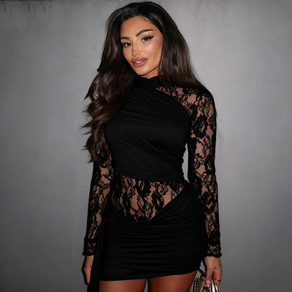 Women Clothing Autumn Winter Solid Color Stitching Lace round Neck Slim Fit Long Sleeved Ribbon Short Dress