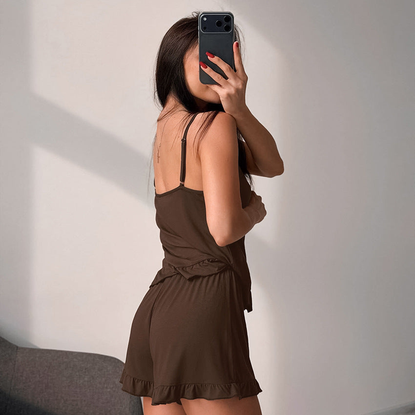 Knitted Modal Vest Top Wooden Ear Shorts Two Piece Soft Pajamas Home Wear