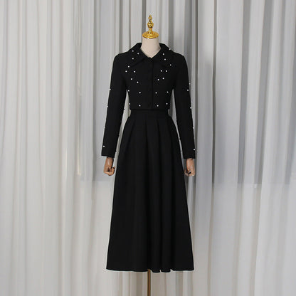 Spring Elegant Pleated Slim Maxi Dress Solid Color Beaded Collared Long Sleeve Two Piece Sets Women