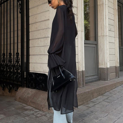 Chiffon Shirt Women Black Mesh Irregular Asymmetric Niche Design round Neck Ruffle Sleeve Long Sleeve Top