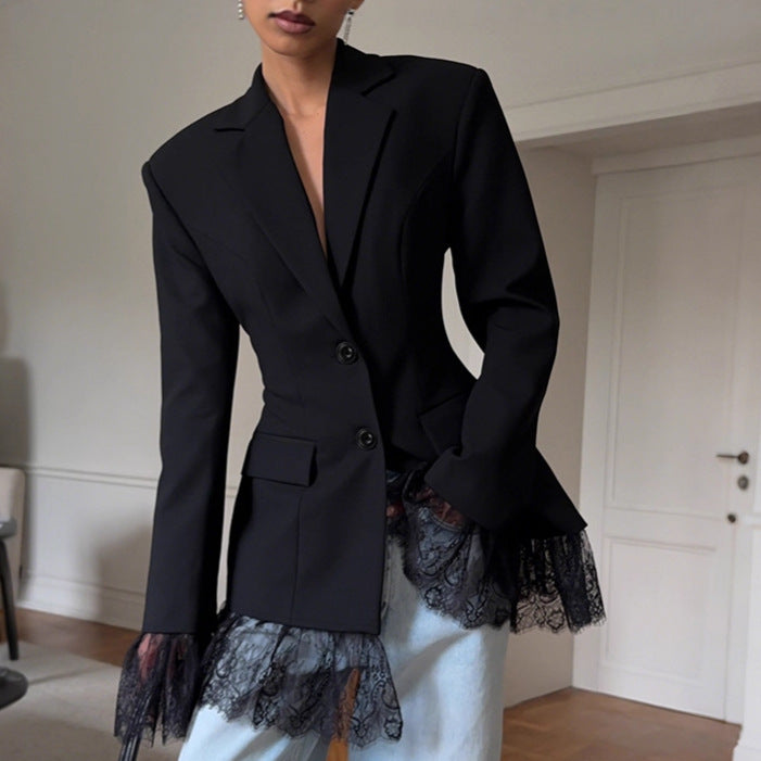 Black Autumn Winter Lace Stitching Office Women Long Sleeve Blazer