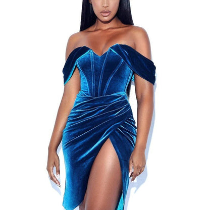 Off Shoulder Korean Velvet Boning Corset Dress Split Evening Dress Women Sexy