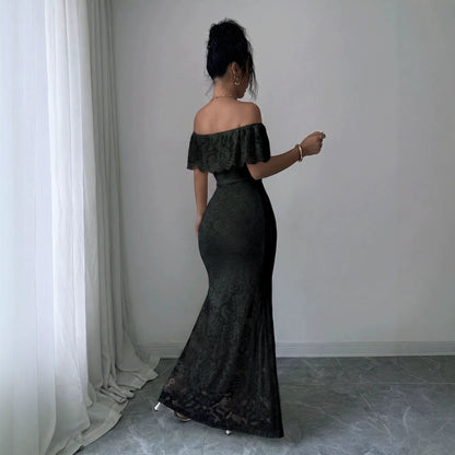 Autumn Elegant off Shoulder Ruffled Lace Patchwork Maxi Dress