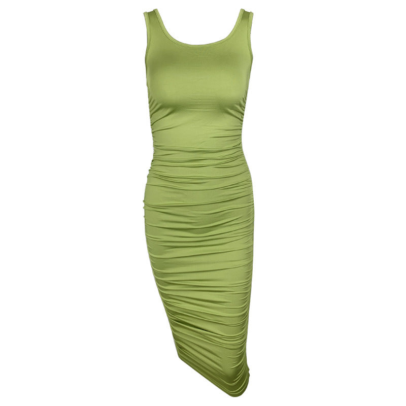 Summer Sexy Women Wear Solid Color Tight Backless Sleeveless Pleated Dress