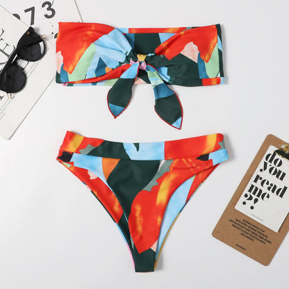 Print Tie Dye Sexy Tube Top Bikini Swimsuit Women Slim Fit Two Piece Suit Split