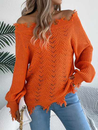 Autumn Winter Solid Color Hollow Out Cutout out Long Sleeve Cut off Shoulder Pullover Sweater Women Clothing