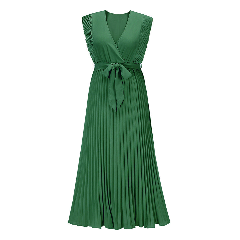 Elegant Beach Dress Fashionable Slim Fit Sexy Ruffle Sleeve Chiffon Pleated Solid Color Dress